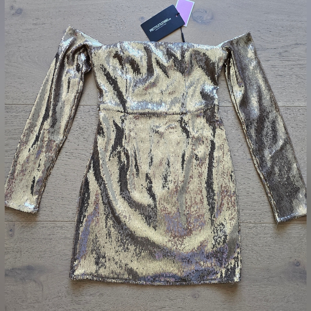 PRETTY LITTLE THINGS Gold Sequin Off-Shoulder Dress